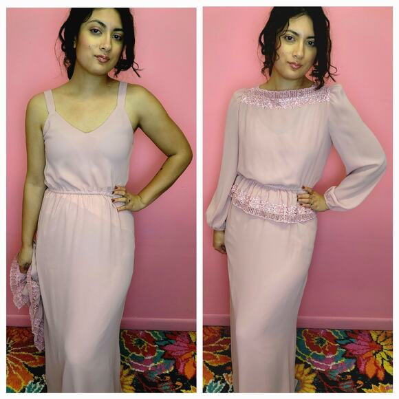 Size Small to XL | Vintage 1970's Dusty Rose 2 Piece Maxi Dress with Blouse - Picture 2 of 10